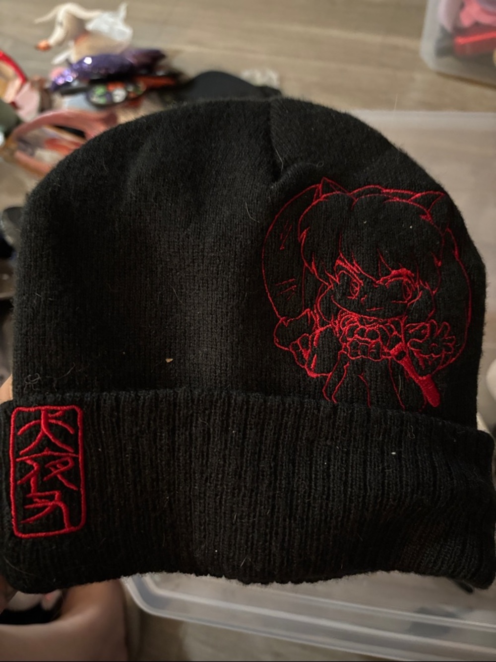Black Beanie Hat with Red Anime Embroidery